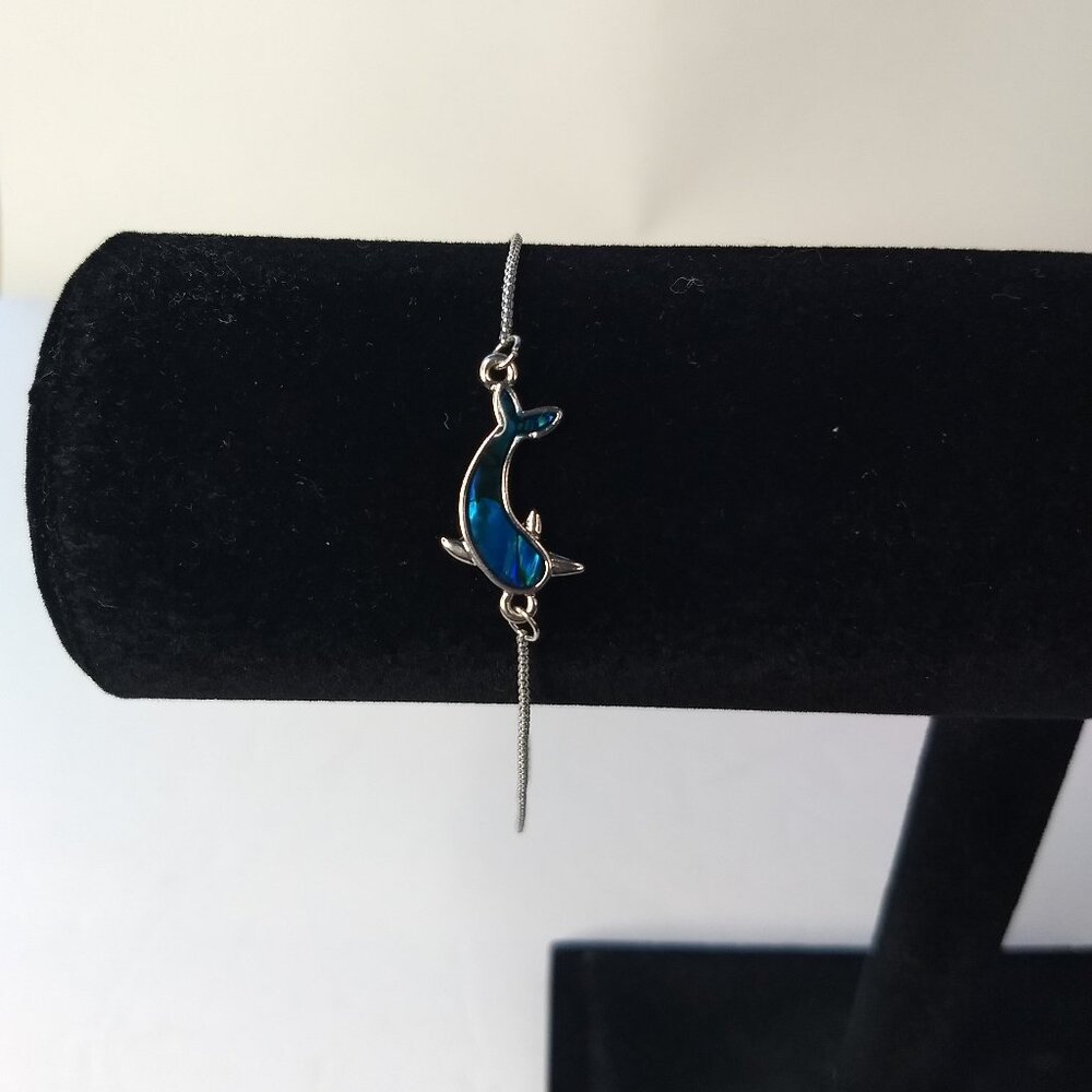 Silver Tone Dolphin Bracelet Adjustable Blue Stone Inlay Beach Summer Vacation
